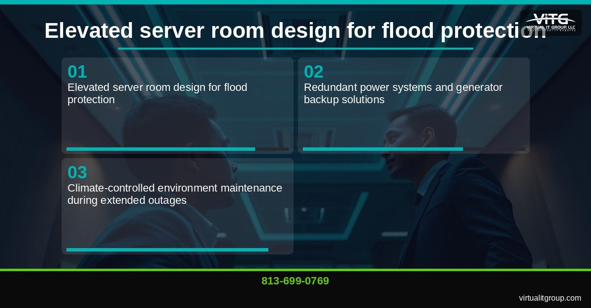 Properly elevated server rack with flood protection barriers in Central Florida office